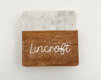 Wood and Marble Coaster | Custom City, Zip Code, or Word Coaster | housewarming gift | moving gift | apartment warming gift