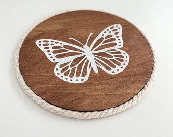 XL Vase and Plant Coaster with Butterfly Design | 6 inch wooden coaster | full cork bottom | XL coaster | pitcher coaster | bottle coaster