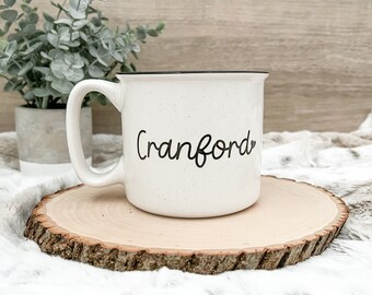 Custom Hometown Mug | Cursive Font | 18oz | Dishwasher Safe | Microwave Safe | camper style mug | housewarming gift