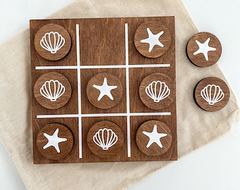 Coastal Tic-Tac-Toe Game | includes wooden board, 10 wooden game pieces, and drawstring bag | family games | starfish and shell