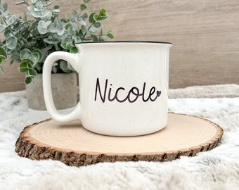 Custom Name Mug with Heart | Cursive Font | 18oz | Dishwasher Safe | Microwave Safe | camper style mug | custom word | bridal party gift