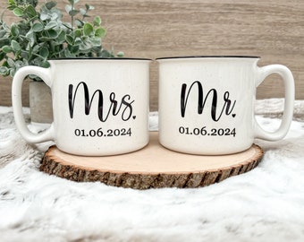 Mr and Mrs Mug | custom date | 18oz | Dishwasher Safe | Microwave Safe | camper style mug | couples gift | engagement gift