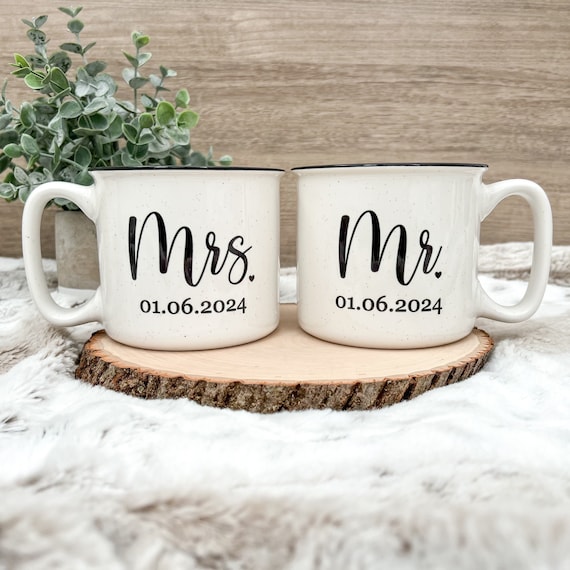 Mr and Mrs Mug | custom date | 18oz | Dishwasher Safe | Microwave Safe | camper style mug | couples gift | engagement gift