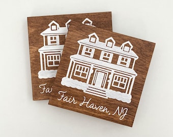 Custom Home Coasters | set of 2 | wooden coaster with cork bottom | house portrait | housewarming gift | closing gift