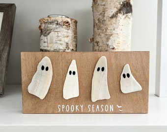 Spooky Season Seashell Ghost Sign | wooden sign | 8x4 inches | beach house fall decor | Halloween decor