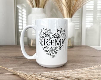 Custom Initials Floral Heart Mug | Personalized Gift, 15 oz