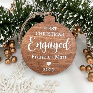 Engaged Wooden Ornament 3.5 inches Customizable First Christmas Engaged Ornament Engagement Gift Bridal Shower Gift image 1