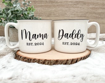 Mama and Daddy Mug | 18oz | Dishwasher Safe | camper style mug | new parent gift | Mother’s Day | Father’s Day | Baby Shower | cursive font
