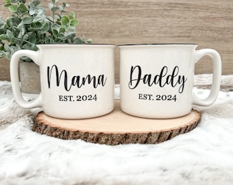 Mama and Daddy Mug | 18oz | Dishwasher Safe | camper style mug | new parent gift | Mother’s Day | Father’s Day | Baby Shower | cursive font