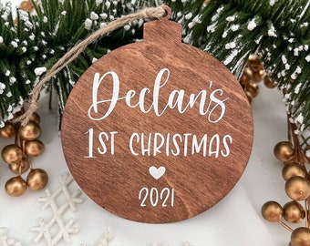 Baby's First Christmas Wooden Ornament | 3.5 inches | customizable name, year, and birth statistics on back