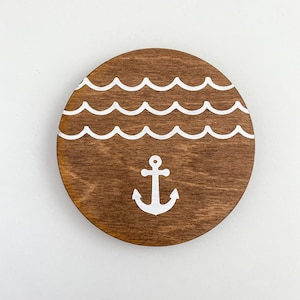 Wave Coaster with Anchor | hand painted wooden coaster with full cork bottom | housewarming gift | beach house coaster | coastal decor