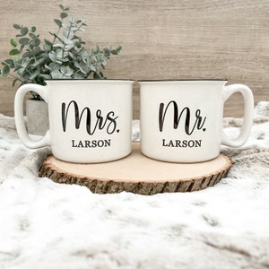 Mr and Mrs Mug | custom last name | 18oz | Dishwasher Safe | Microwave Safe | camper style mug | couples gift | engagement gift