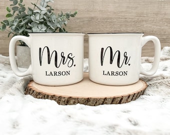 Mr and Mrs Mug | custom last name | 18oz | Dishwasher Safe | Microwave Safe | camper style mug | couples gift | engagement gift