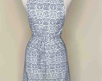 Women&#39;s Kitchen Apron, Ubud Handprint- Blue and White  Chef&#39;s Apron, Two Large Pockets, Adjustable Neck, Made in USA