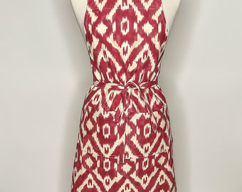 New Caravan Ikat Print Apron, Berry, Women&#39;s Apron with Pockets, Chef&#39;s Apron, Kitchen Apron, Washable Cotton, Made in USA,