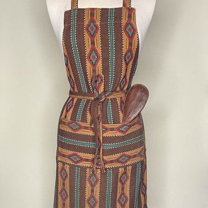 Women’s Kitchen Apron, Mesa Stripe - Brown/Multi, Chef’s Apron, Cooking Apron, Two Large Pockets, Adjustable Neck, Made in America.