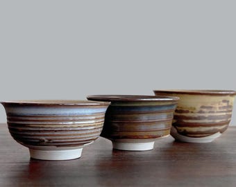 May include: Three ceramic bowls with a horizontal striped design in shades of brown, blue, and tan. The bowls have a white base and a slightly flared rim. They are arranged on a dark wooden surface.