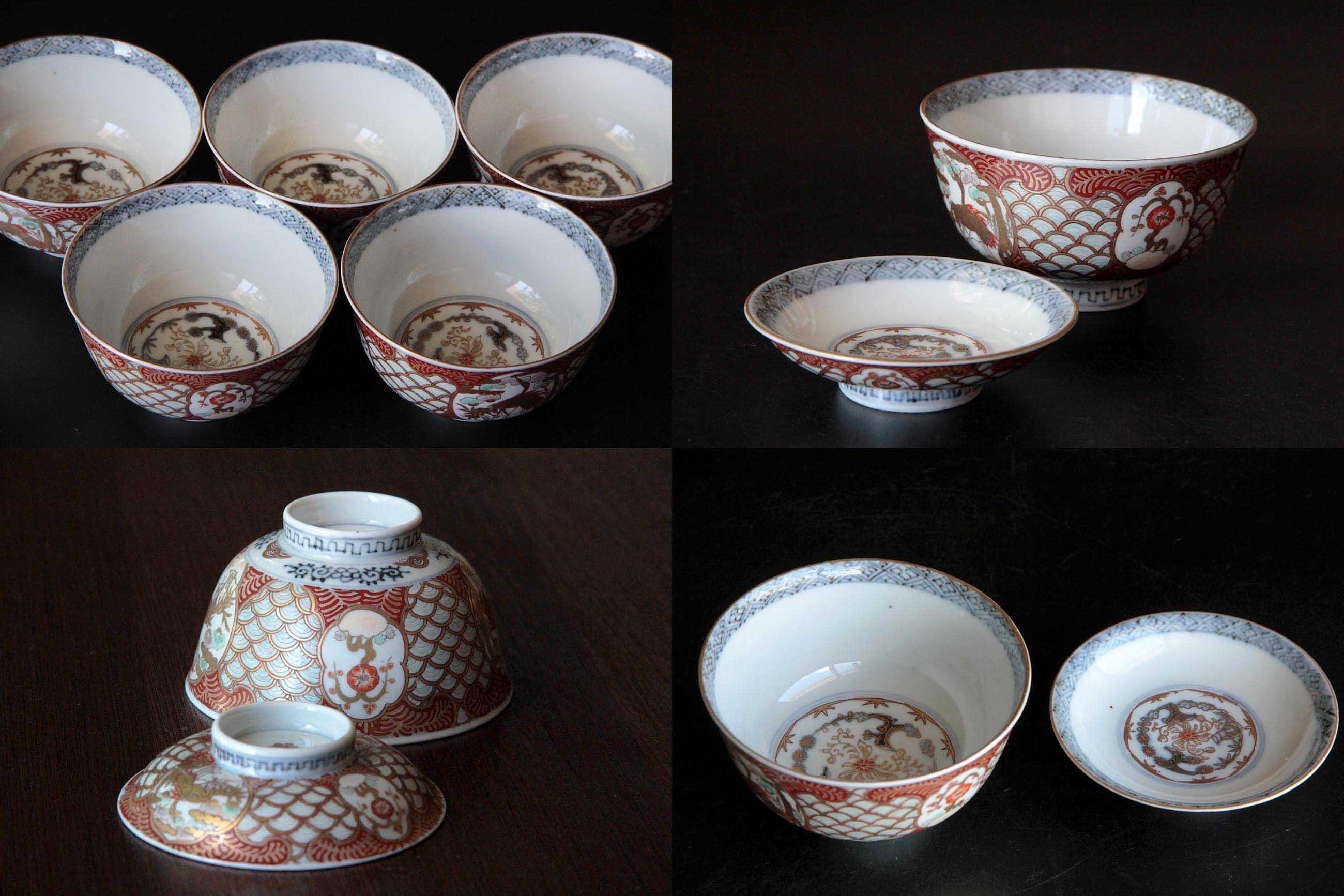 伊万里　金彩錦蓋付茶碗　12客　11cm　明治～大正期 古伊万里 蓋付き椀（金彩赤文様）（江戸～明治時代） - Etsy 日本