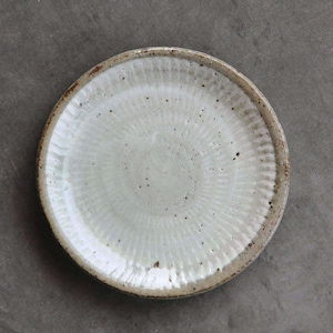 May include: A round, off-white ceramic plate with a textured surface and a speckled, brown rim. The plate has a slightly raised edge and a subtle, concentric pattern radiating from the center. The plate is suitable for serving food.