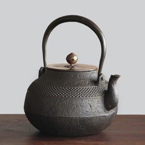 May include: A dark gray cast iron teapot with a curved handle and a small spout. The lid is bronze-colored and topped with a decorative knob. The body features a textured band around the middle. The teapot is on a wooden surface.