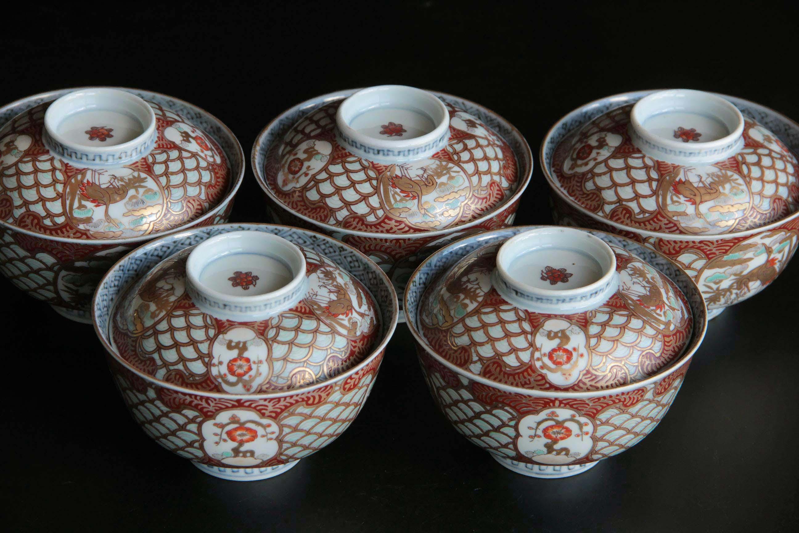 古伊万里 蓋付き椀（金彩赤文様）（江戸～明治時代） - Etsy 日本