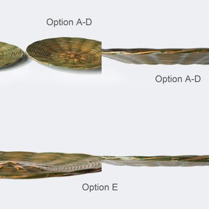 May include: Two decorative, oval-shaped plates with a woven texture and a green and gold color scheme. The plates are displayed from multiple angles, showcasing their design and shape. The text "Option E" and "Option A-D" are visible.