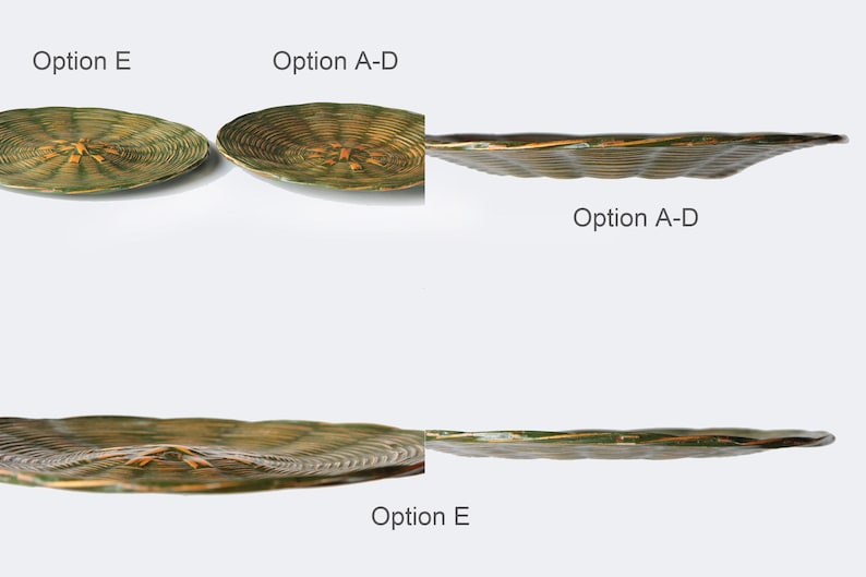 May include: Two decorative, oval-shaped plates with a woven texture and a green and gold color scheme. The plates are displayed from multiple angles, showcasing their design and shape. The text "Option E" and "Option A-D" are visible.
