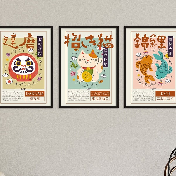 Set van 3 schattige Japanse gelukssymbolen poster afdrukbaar | Kawaii Maneki Neko, Daruma Doll, Koi Fish minimalistische digitale print muurkunst voor thuis