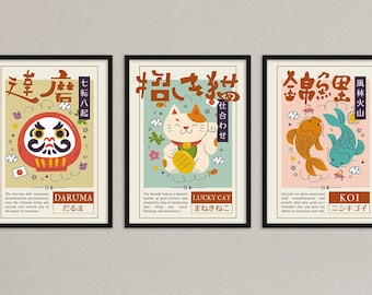 Set of 3 Cute Japanese Luck Symbols Poster Printable | Kawaii Maneki Neko, Daruma Doll, Koi Fish Minimalist Digital Print Wall Art for Home