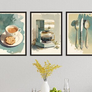 Set of 3 Vintage Kitchen Printable Wall Art | Coffee Maker, Tea & Biscuit, Utensils Digital Prints | Blue Green, Beige Triptych Home Decor