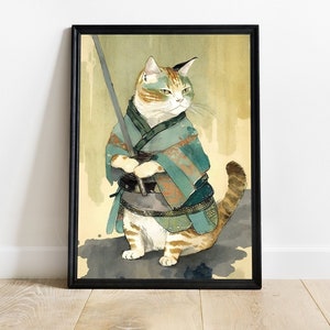 Samurai Warrior Cat Printable Wall Art | Japanese Vintage Style Animal Drawing Digital Print | Oriental Japandi Blue Green Beige Home Decor