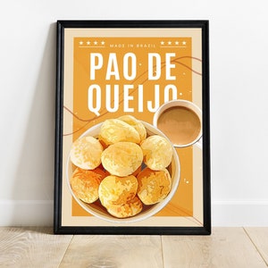 Pao De Queijo Poster Printable | Brazil Cheese Bread Minimalist Wall Art, Bom Dia Retro Vintage Digital Print Decor for Home Kitchen, Dining