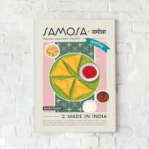 Samosa Poster Printable | Indian Pastry Minimalist Wall Art | Retro Vintage Food Digital Print Decor for Home, Kitchen, Dining, Restaurant
