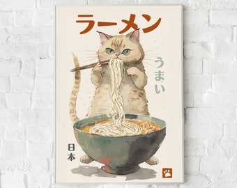 May include: A vintage-style poster featuring a cartoon cat eating ramen noodles with chopsticks. The poster is in Japanese and says "Ramen" and "Umai" which means "delicious".