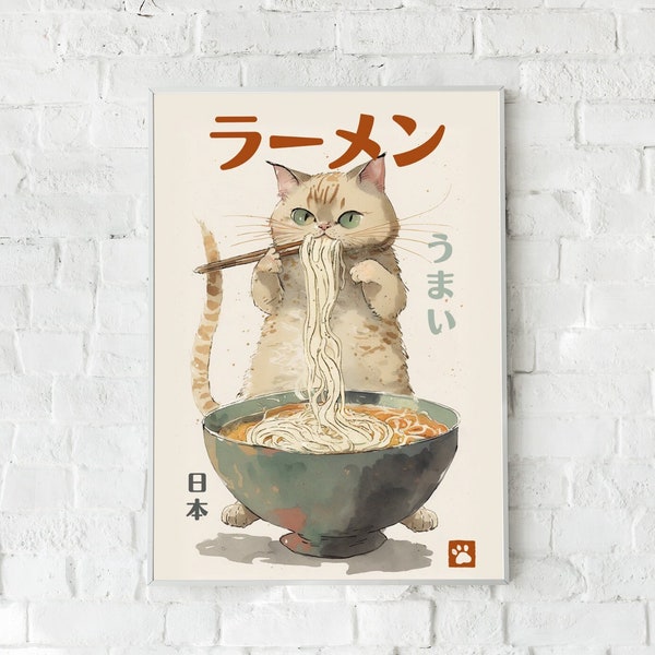 Cat Eating Ramen Printable Wall Art | Minimalist Japanese Food Digital Print, Vintage Noodles Drawing Poster for Home, Kitchen, Restaurant