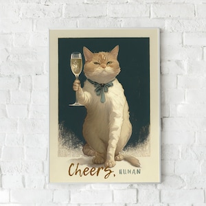 Kot trzymający kieliszek szampana do wydrukowania na ścianie | Zabawny plakat retro vintage alkohol napój pop cyfrowy druk wystrój do domu, kuchni, baru