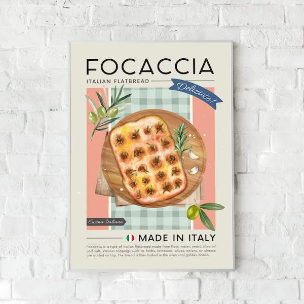 Focaccia Poster Printable | Italian Flatbread Minimalist Digital Print Wall Art | Retro Vintage Decor for Home, Kitchen, Dining, Restaurant