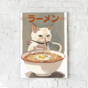 Cute Cat Eating Ramen Poster Printable | Japanese Food Wall Art Digital Print | Noodles Drawing Vintage Decor for Home, Kitchen, Restaurant