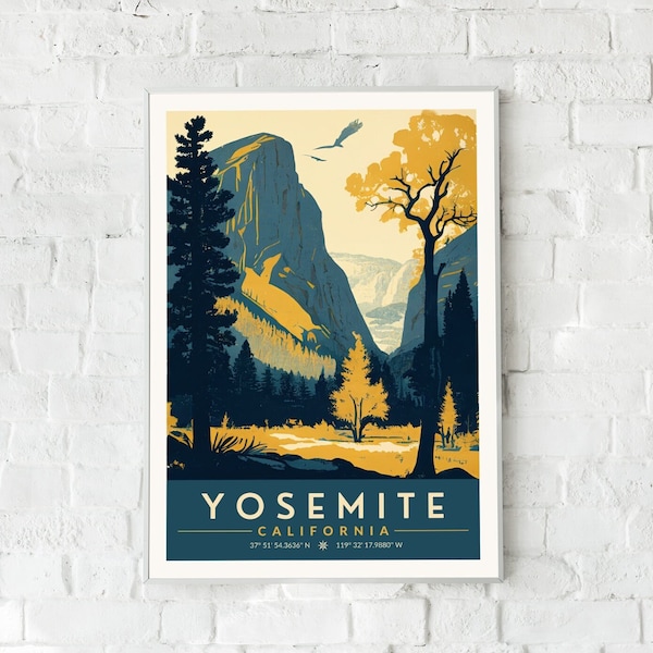 Yosemite National Park Printable Wall Art | California Mountains Retro Travel Poster Digital Print | Vintage Nature Decor for Home, Office