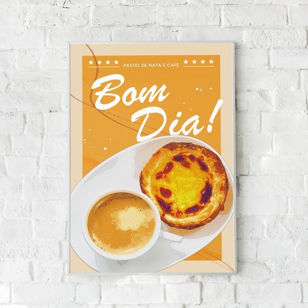 Pastel De Nata Affiche Imprimable | Art mural minimaliste de pâtisserie portugaise, Bom Dia Retro vintage Digital Print Decor pour la maison, la cuisine, la salle à manger