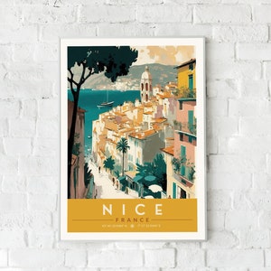 Bonito cartel de Francia imprimible / Nissa Beachscape Retro Vintage Travel Wall Art / Paisaje mediterráneo Decoración de impresión digital para el hogar, oficina