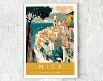 Nice France Poster Printable | Nissa Beachscape Retro Vintage Travel Wall Art | Mediterranean Landscape Digital Print Decor for Home, Office