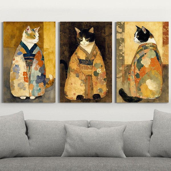 Set of 3 Japanese Cats in Kimono Printable Wall Art | Ukiyo-E Vintage Style Animal Drawing Digital Prints | Cute Oriental Japandi Home Decor