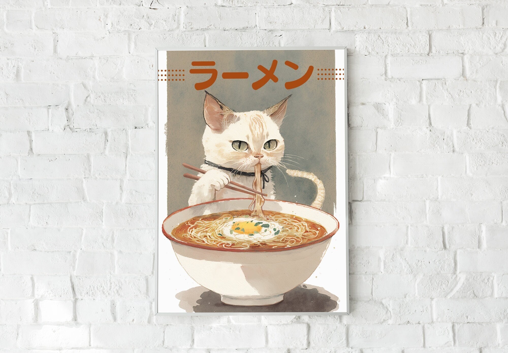 Cute Cat Eating Ramen Poster Printable | Japanese Food Wall Art Digital ...