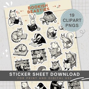 Puede incluir: Una descarga de hoja de pegatinas con 19 PNG de imágenes prediseñadas de animales antropomórficos leyendo libros. Las ilustraciones incluyen un zorro, un conejo, una tortuga, un gato, un tejón, una rana, una ardilla, un cerdo, un ratón, un ciervo, un búho y un oso. También se ve el texto "BOOKISH BEASTIES" y "STICKER SHEET DOWNLOAD".