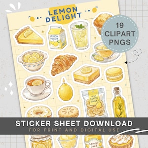 May include: A sticker sheet with various lemon-themed illustrations, including a slice of pie, yogurt, a glass of lemonade, a muffin, and a croissant. The sheet also features the text "Lemon Delight" and "19 Clipart PNGs". The bottom text reads "Sticker Sheet Download".
