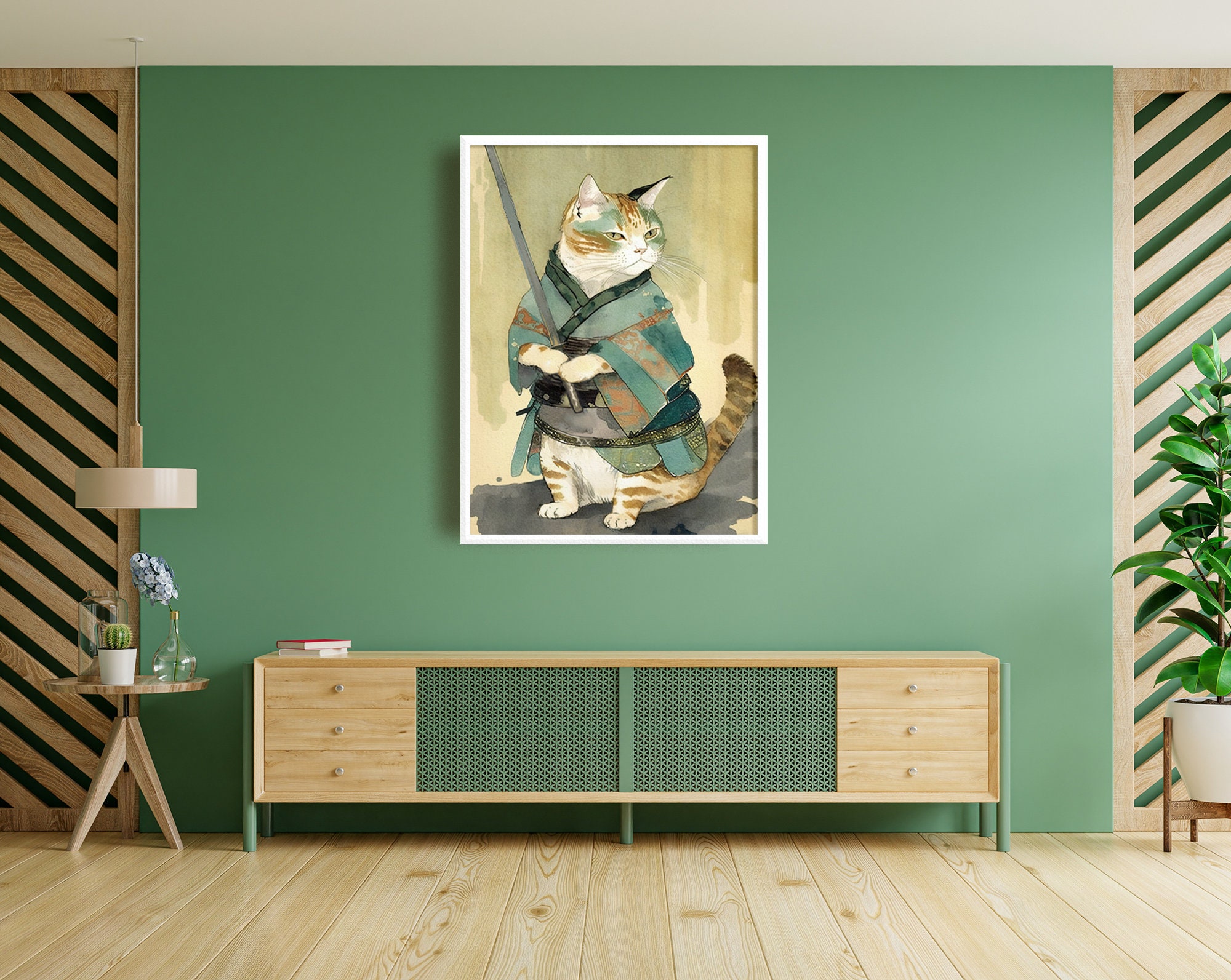 Samurai Warrior Cat Printable Wall Art Japanese Vintage Style Animal