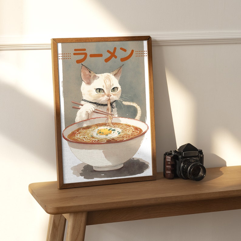 Cute Cat Eating Ramen Poster Printable | Japanese Food Wall Art Digital ...