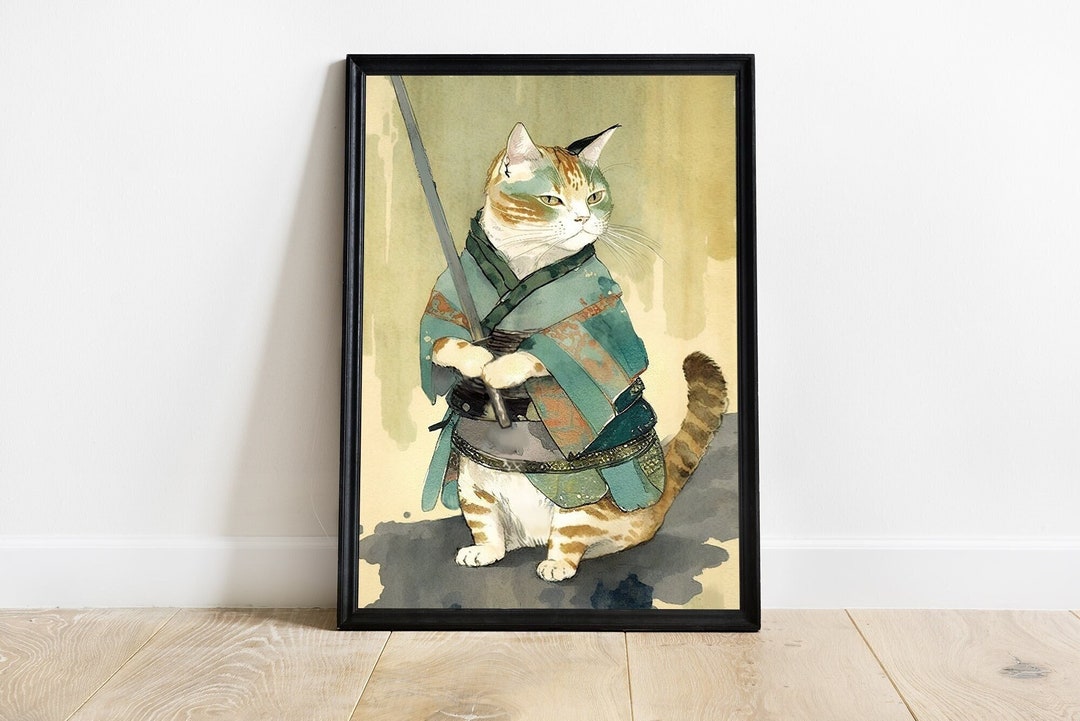Samurai Warrior Cat Printable Wall Art | Japanese Vintage Style Animal ...