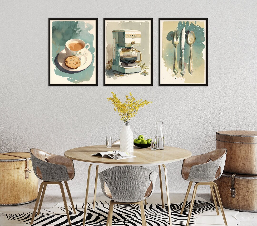 kitchen wall art set retro pie vintage printable... Set of 3 Vintage Kitchen Printable Wall Art | Coffee Maker, Tea ...